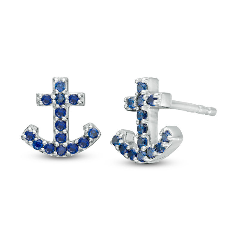 Lab-Created Blue Sapphire Anchor Stud Earrings in Sterling Silver