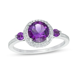 6.5mm Amethyst and 1/6 CT. T.W. Diamond Frame Three Stone Ring in Sterling Silver