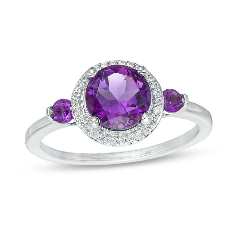 Main Image 1 of 6.5mm Amethyst and 1/6 CT. T.W. Diamond Frame Three Stone Ring in Sterling Silver