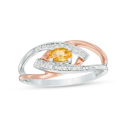 Oval Citrine and Diamond Accent Split Shank Ring in Sterling Silver and 10K Rose Gold