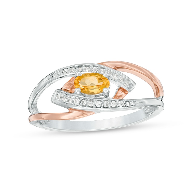Main Image 1 of Oval Citrine and Diamond Accent Split Shank Ring in Sterling Silver and 10K Rose Gold