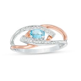 Oval Aquamarine and Diamond Accent Split Shank Ring in Sterling Silver and 10K Rose Gold