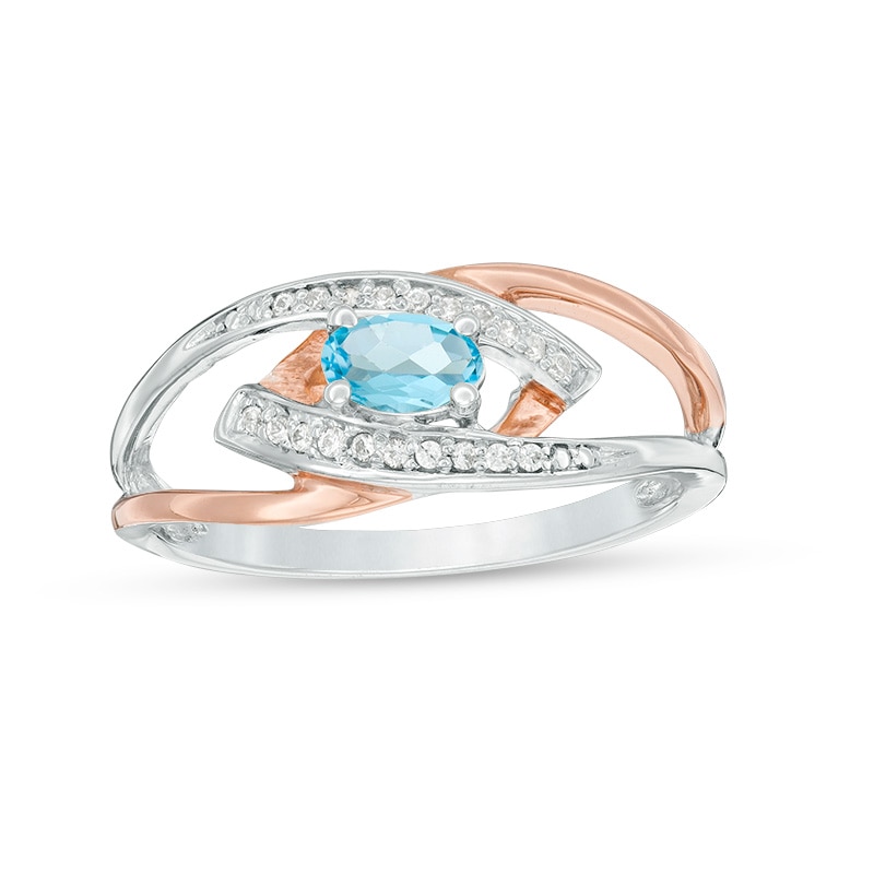 Main Image 1 of Oval Aquamarine and Diamond Accent Split Shank Ring in Sterling Silver and 10K Rose Gold
