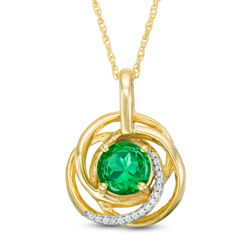 Main Image 1 of 7.0mm Lab-Created Emerald and Diamond Accent Love Knot Pendant in 10K Gold