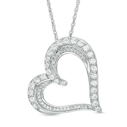 Lab-Created White Sapphire and 1/10 CT. T.W. Diamond Tilted Heart Pendant in Sterling Silver