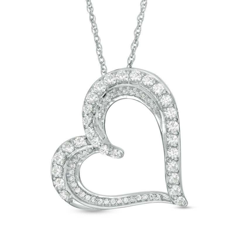 Main Image 1 of Lab-Created White Sapphire and 1/10 CT. T.W. Diamond Tilted Heart Pendant in Sterling Silver