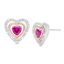 4.0mm Lab-Created Ruby and Diamond Accent Heart Stud Earrings in Sterling Silver and 10K Rose Gold