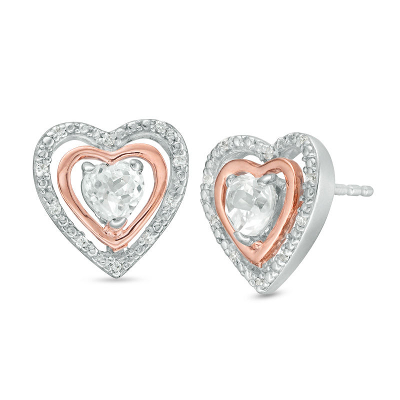 Main Image 1 of 4.0mm Lab-Created White Sapphire and Diamond Accent Heart Stud Earrings in Sterling Silver and 10K Rose Gold