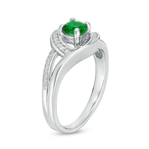 Lab-Created Emerald and 1/10 CT. T.w. Diamond Swirl Frame Split Shank Ring in Sterling Silver