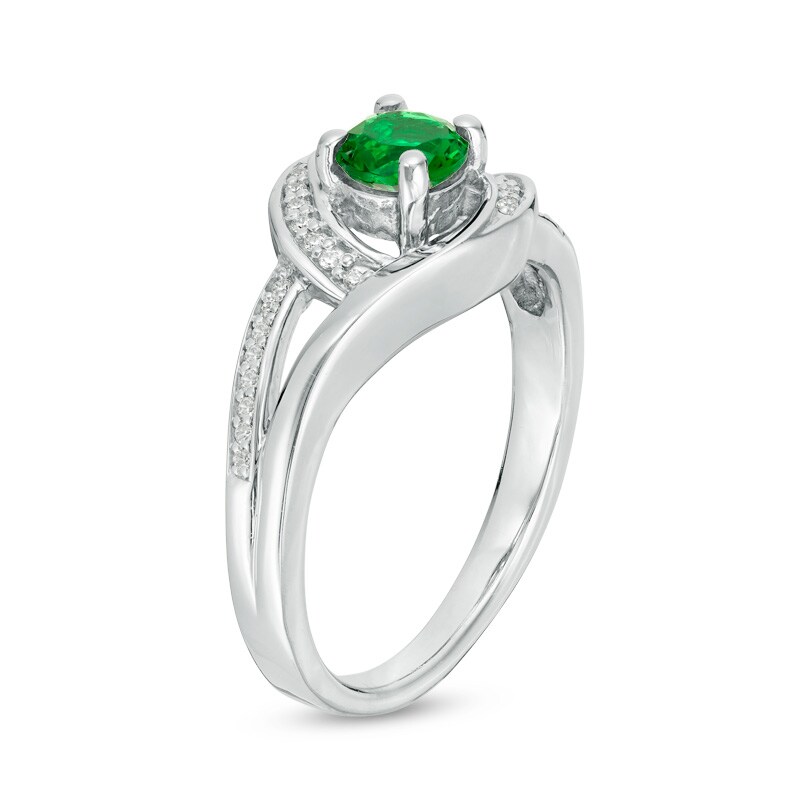 Main Image 2 of Lab-Created Emerald and 1/10 CT. T.W. Diamond Swirl Frame Split Shank Ring in Sterling Silver