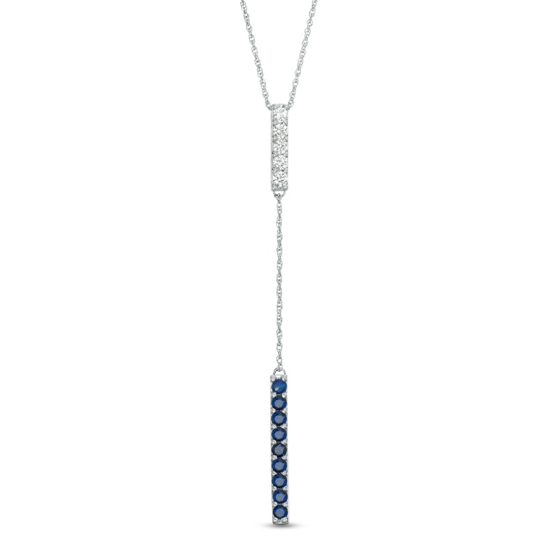 Main Image 1 of Lab-Created Blue and White Sapphire Double Bar Lariat-Style Necklace in Sterling Silver - 36"