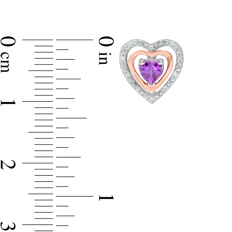 Main Image 2 of 4.0mm Amethyst and Diamond Accent Heart Stud Earrings in Sterling Silver and 10K Rose Gold