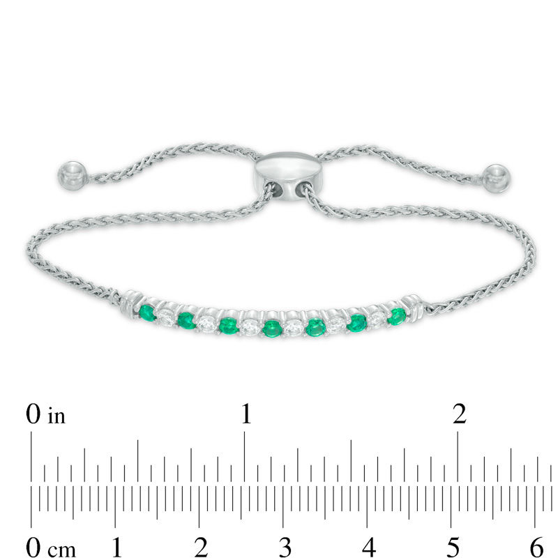 Lab-Created Emerald and White Sapphire Alternating Bolo Bracelet in Sterling Silver - 8.5"