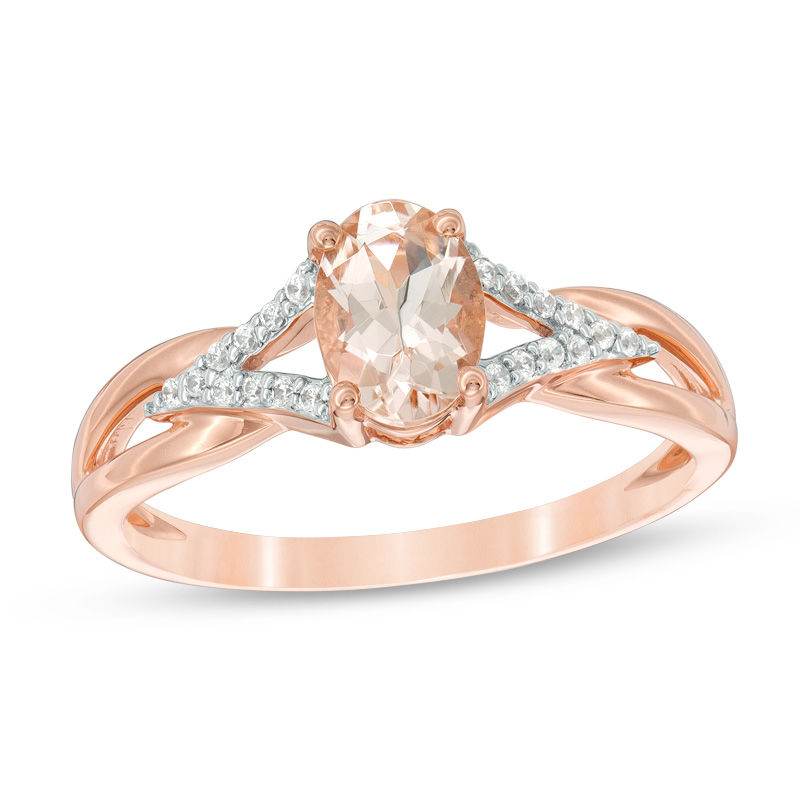 Main Image 1 of Oval Morganite and Diamond Accent Split Shank Ring in 10K Rose Gold
