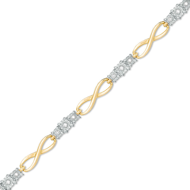 1/10 CT. T.W. Diamond Three Stone Infinity Bracelet in 10K Gold - 7.25"