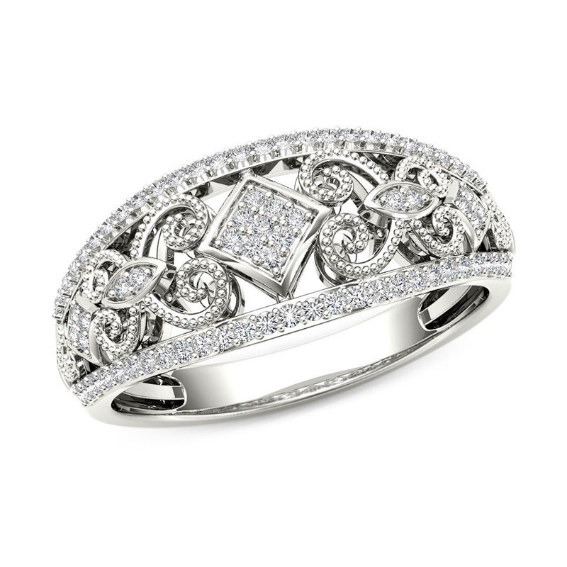 1/5 CT. T.W. Composite Diamond Vintage-Style Tilted Square Filigree Ring in 10K White Gold