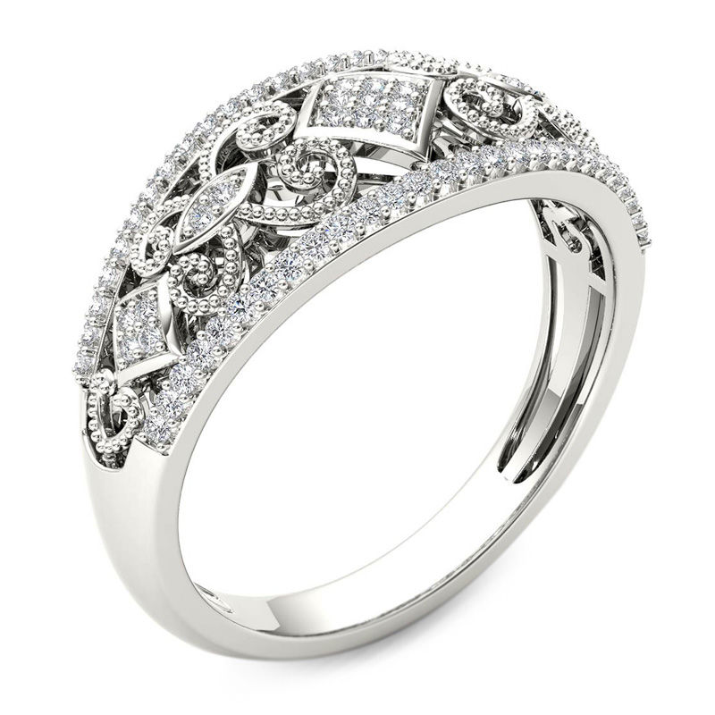 1/5 CT. T.W. Composite Diamond Vintage-Style Tilted Square Filigree Ring in 10K White Gold