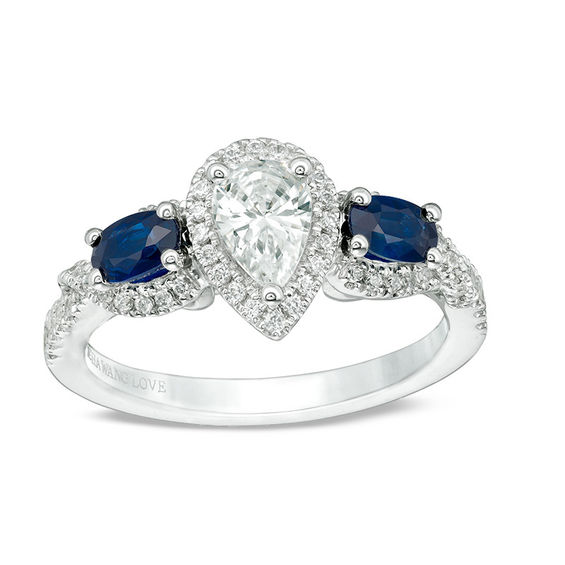 Vera Wang Love Collection 3/4 CT. T.W. Pear-Shaped Diamond and Oval Sapphire Three Stone Ring in 14K White Gold Vera Wang Love Collection 3/4 CT. T.W. Pear-Shaped Diamond and Oval Sapphire Three Stone Ring in 14K White Gold