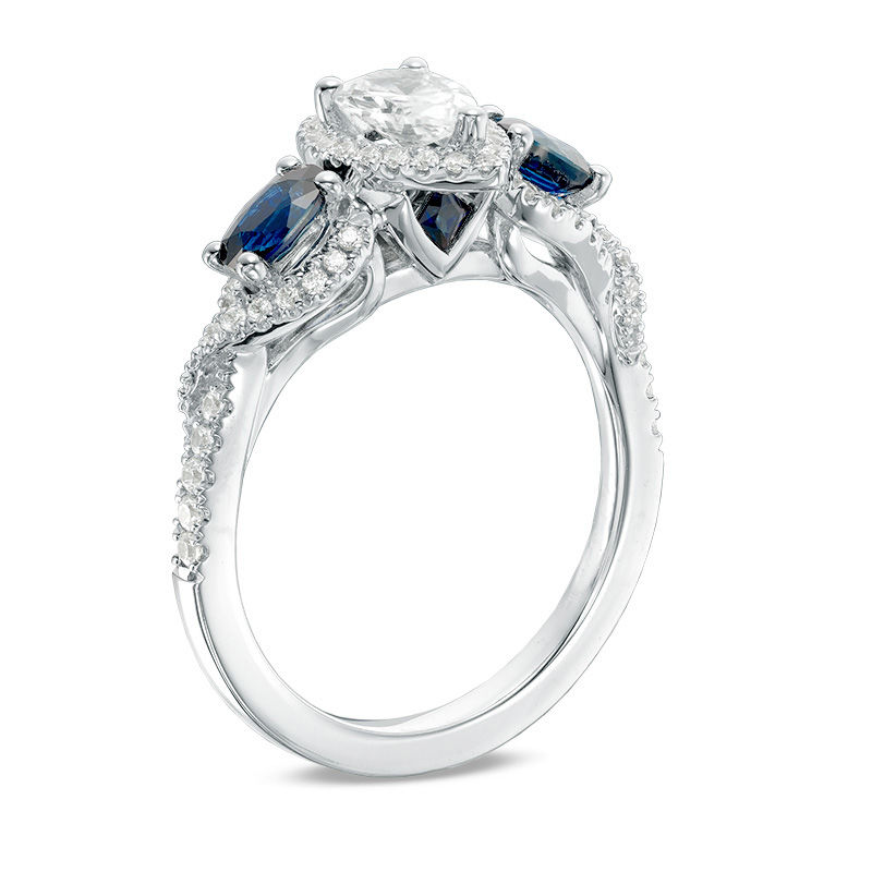 Vera Wang Love Collection 3/4 CT. T.W. Pear-Shaped Diamond and Oval Sapphire Three Stone Ring in 14K White Gold