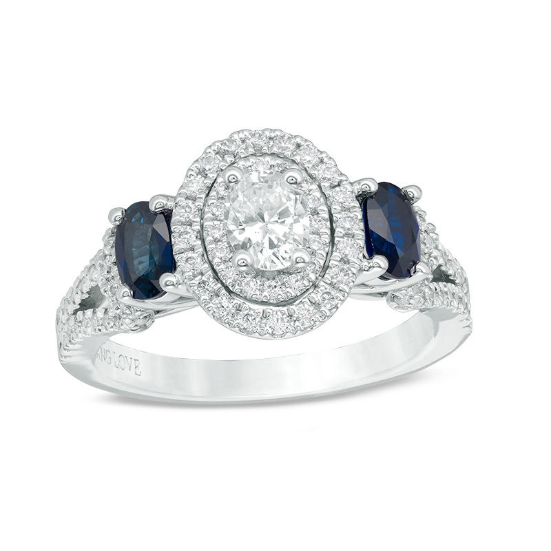 Main Image 1 of Vera Wang Love Collection 3/4 CT. T.W. Oval Diamond and Blue Sapphire Three Stone Ring in 14K White Gold