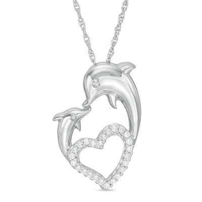 Wishrocks Round Cut Diamond Dolphin Heart Pendant in 14K Gold Over Sterling Silver 1/8 CT 