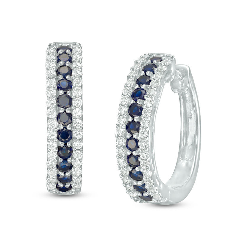 Main Image 1 of Lab-Created Blue and White Sapphire Three Row Hoop Earrings in Sterling Silver