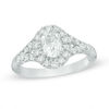 Thumbnail Image 1 of Lab-Created Oval White Sapphire Frame Split Shank Engagement Ring in Sterling Silver