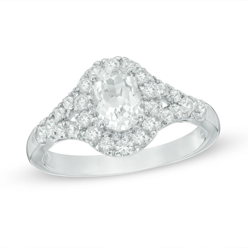 Main Image 1 of Lab-Created Oval White Sapphire Frame Split Shank Engagement Ring in Sterling Silver