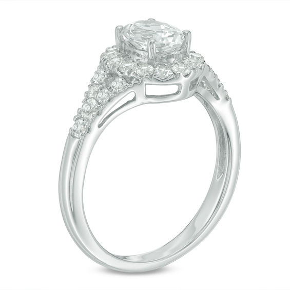 Lab-Created Oval White Sapphire Frame Split Shank Engagement Ring in Sterling Silver