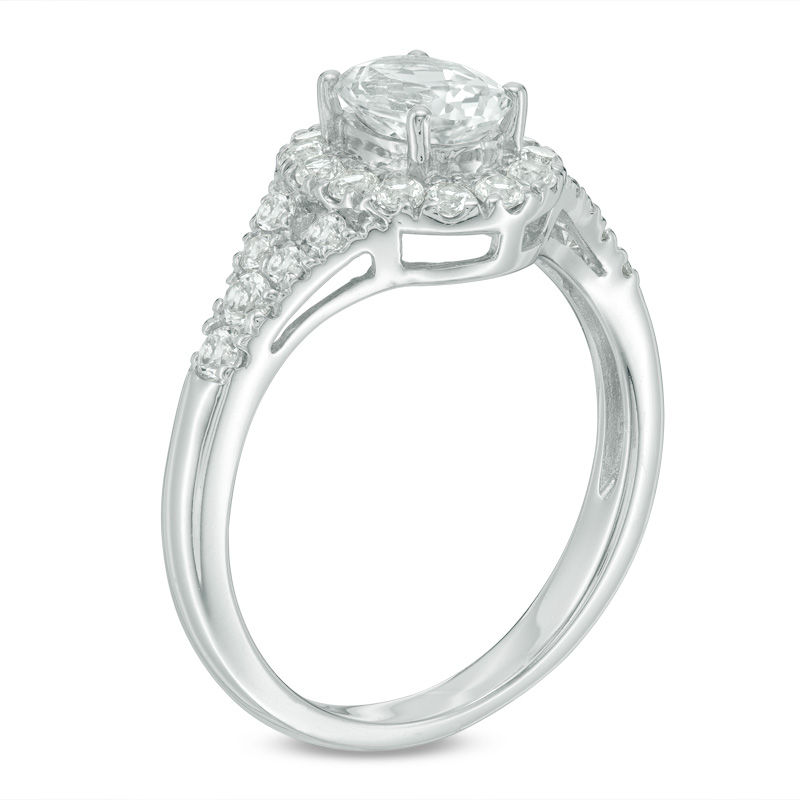Main Image 2 of Lab-Created Oval White Sapphire Frame Split Shank Engagement Ring in Sterling Silver