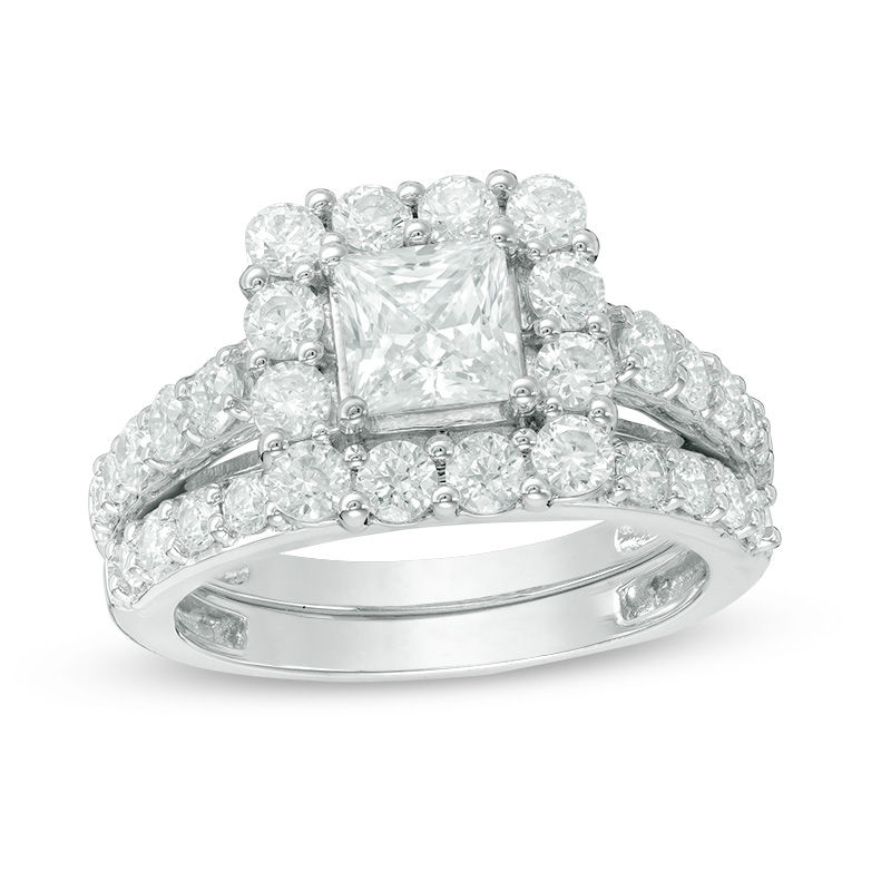 Main Image 1 of Celebration Ideal 2-3/4 CT. T.W. Princess-Cut Certified Diamond Bridal Set in 14K White Gold (I/I1)