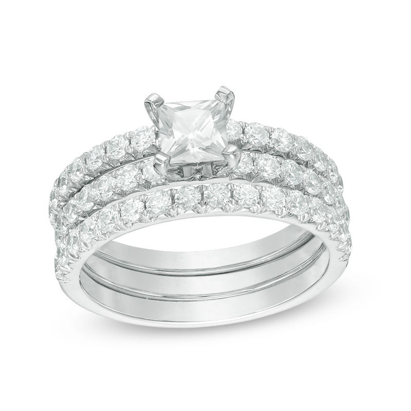 Main Image 1 of Celebration Ideal 1-5/8 CT. T.W. Princess-Cut Certified Diamond Three-Piece Bridal Set in 14K White Gold (I/I1)