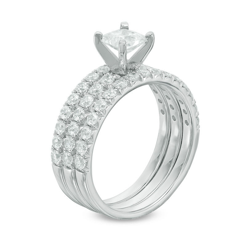 Main Image 2 of Celebration Ideal 1-5/8 CT. T.W. Princess-Cut Certified Diamond Three-Piece Bridal Set in 14K White Gold (I/I1)