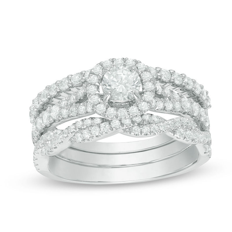 Main Image 1 of 1-1/4 CT. T.W. Diamond Frame Three Piece Bridal Set in 14K White Gold