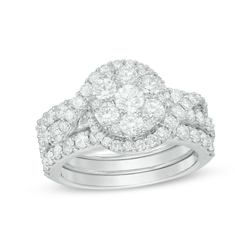 Main Image 1 of 2-1/2 CT. T.W. Diamond Swirl Bypass Frame Three Piece Bridal Set in 14K White Gold