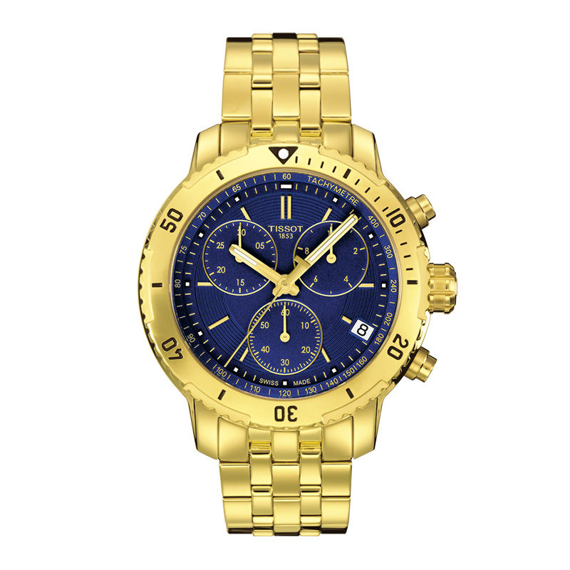 Men's Tissot PRS 200 Gold-Tone Chronograph Watch with Blue Dial (Model: T067.417.33.041.01)