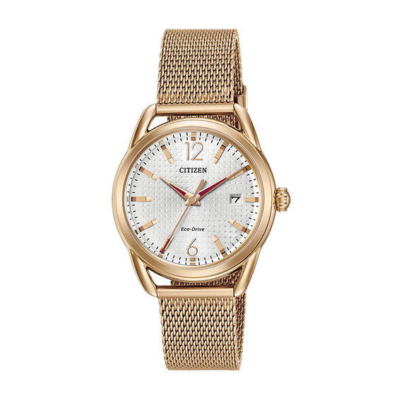 Ladies' Drive from Citizen Eco-DriveÂ® LTR Rose-Tone Mesh Watch with Silver-Tone Dial (Model: Fe6083-72A)