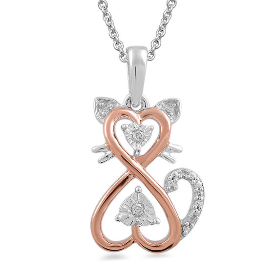 Diamond Accent Heart-Shaped Infinity Cat Pendant in Sterling Silver with 14K Rose Gold Plate