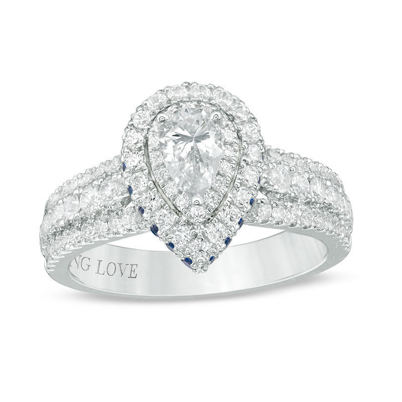 Vera Wang Love Collection 1 CT. T.W. Pear-Shaped Diamond and Sapphire Double Frame Engagement Ring in 14K White Gold