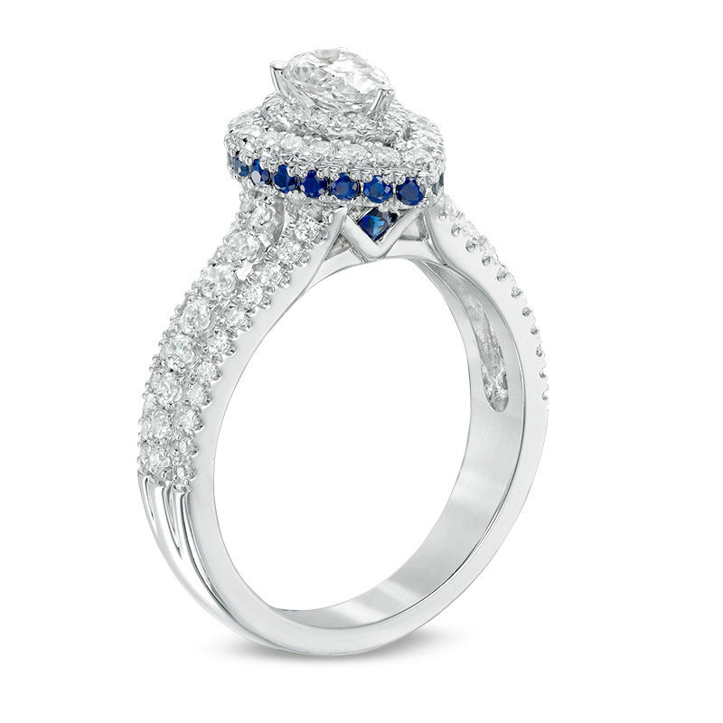 Vera Wang Love Collection 1 CT. T.W. Pear-Shaped Diamond and Sapphire Double Frame Engagement Ring in 14K White Gold