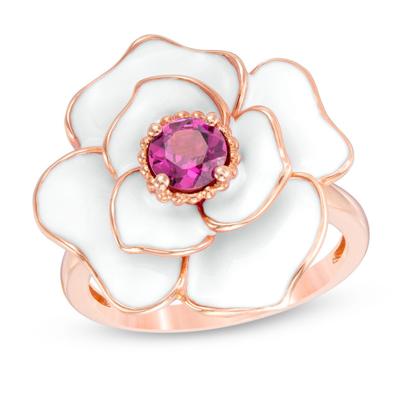 Main Image 1 of Rhodolite Garnet with White Enamel Rose Ring in 10K Rose Gold