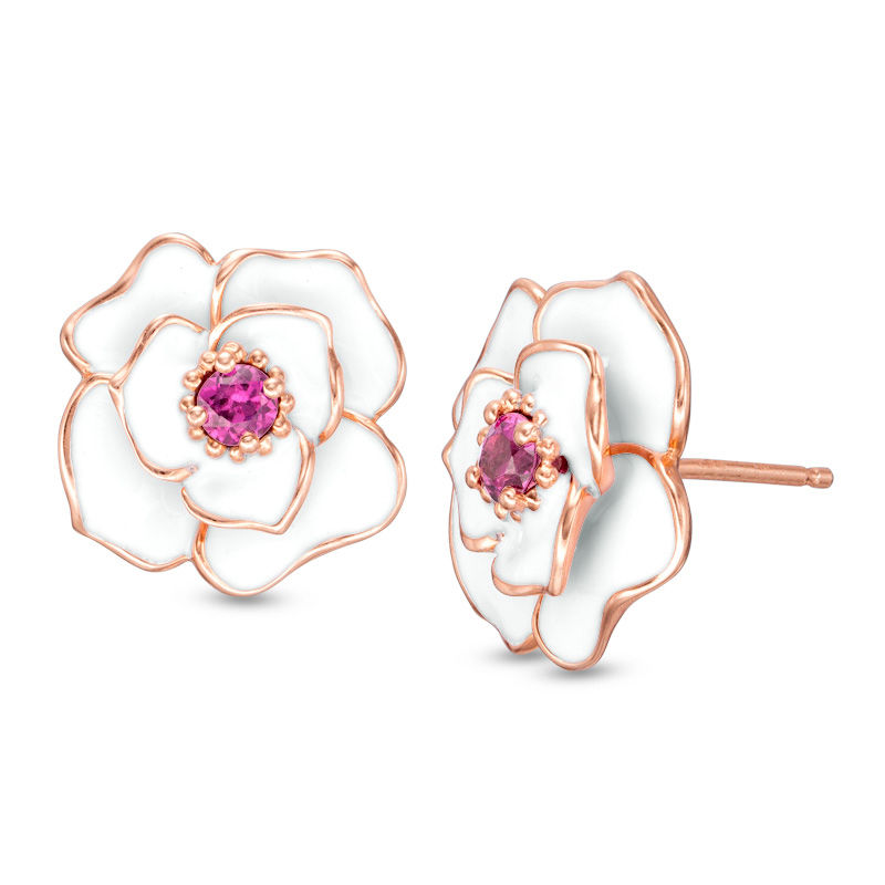 Main Image 1 of Rhodolite Garnet with White Enamel Rose Stud Earrings in 10K Rose Gold
