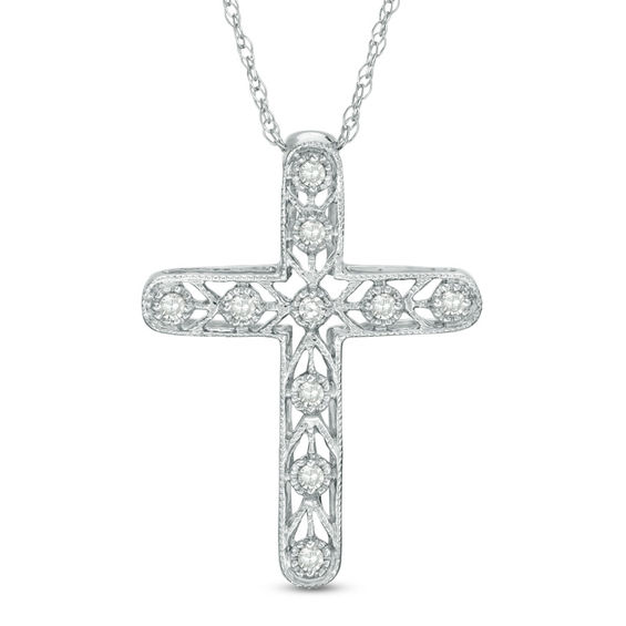 Diamond Accent Vintage-Style Chevron Cross Pendant in 10K White Gold