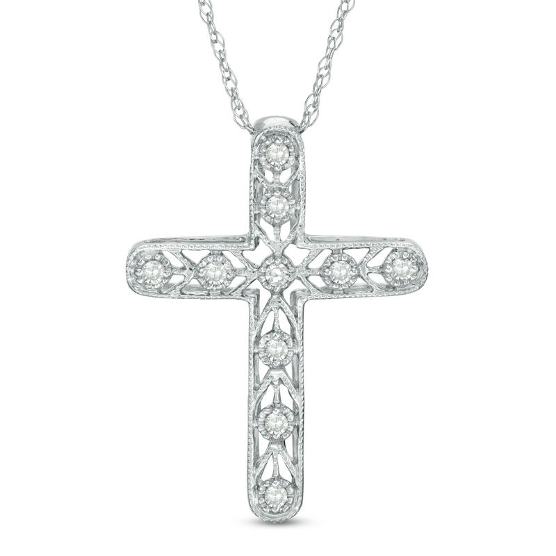 Main Image 1 of Diamond Accent Vintage-Style Chevron Cross Pendant in 10K White Gold