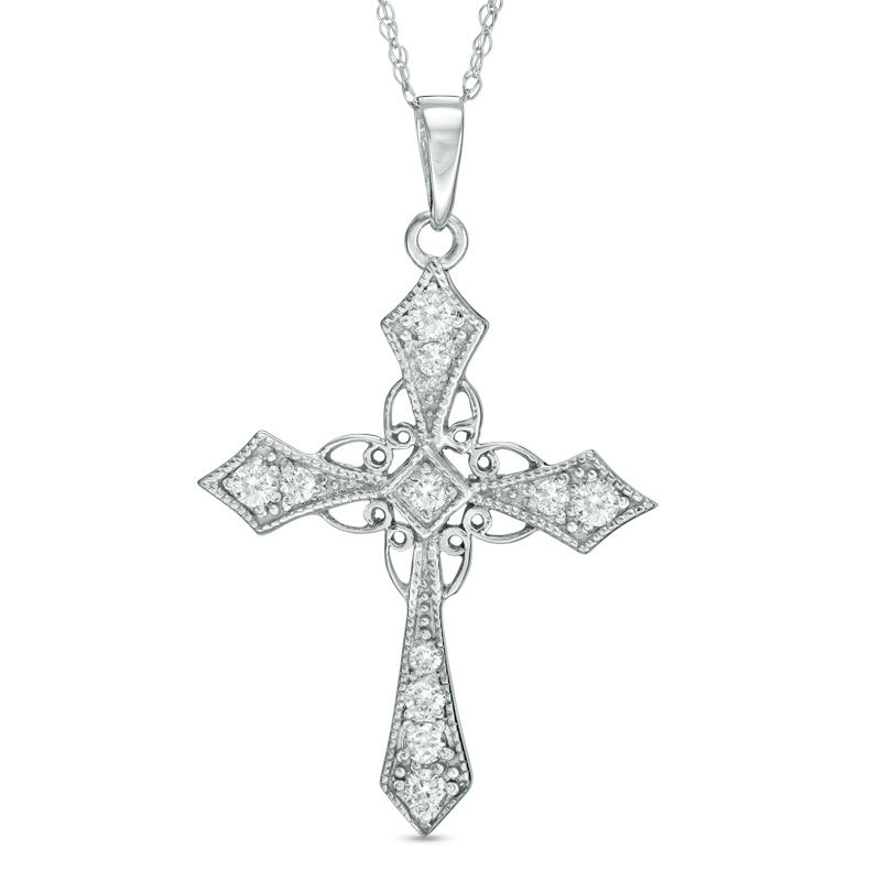 Main Image 1 of 3/8 CT. T.W. Diamond Vintage-Style Cross Pendant in 10K White Gold