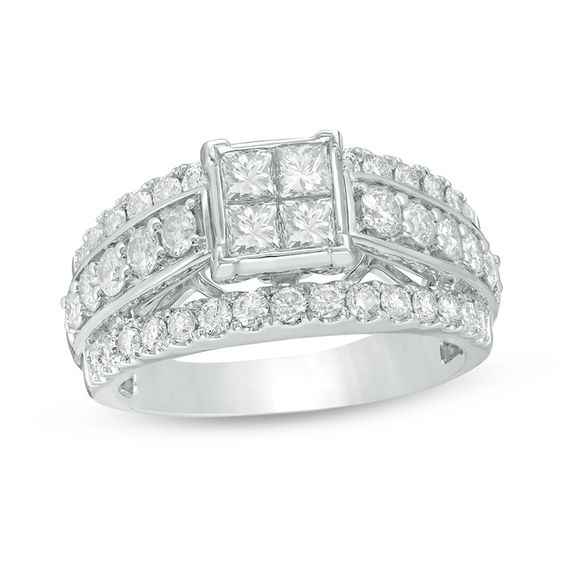 2 CT. T.w. Quad Princess-Cut Diamond Three Row Engagement Ring in 14K White Gold