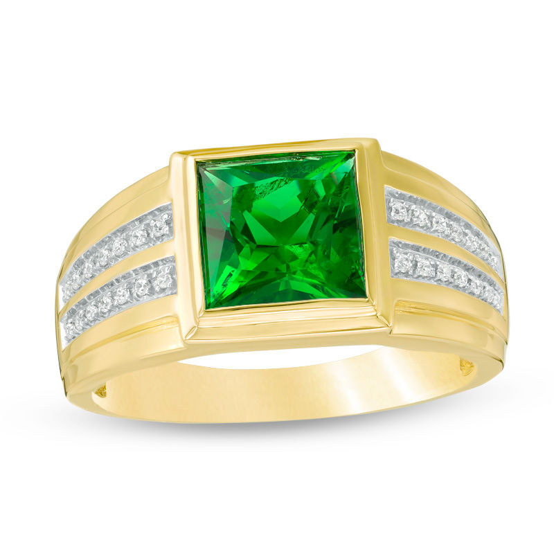 Main Image 1 of 8.0mm Square-Cut Lab-Created Emerald and 1/8 CT. T.W. Diamond Ring in 10K Gold