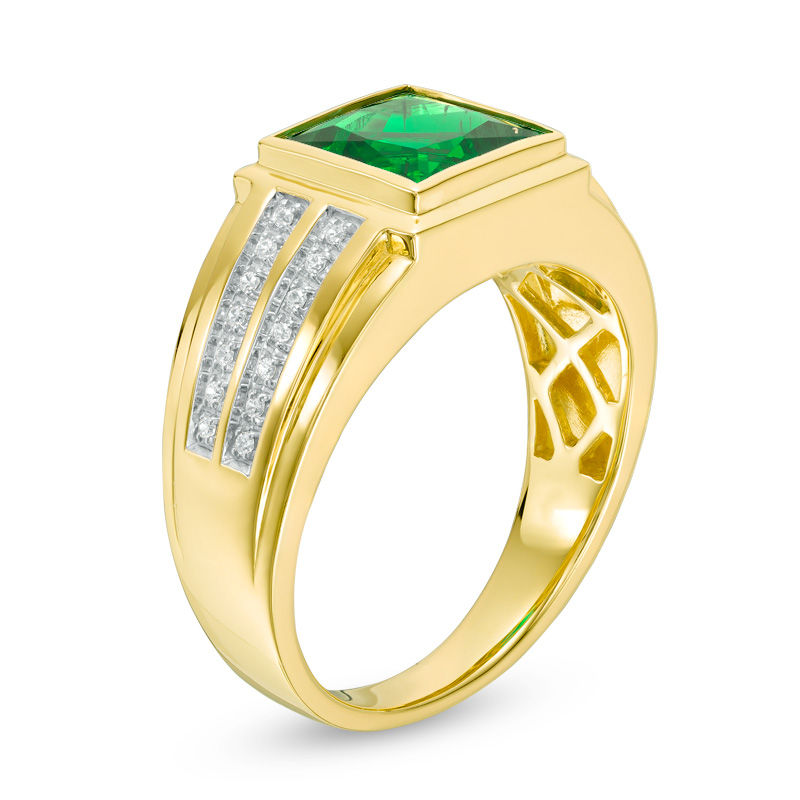 Men's 8.0mm Square-Cut Lab-Created Emerald and 1/8 CT. T.W. Diamond Ring in 10K Gold