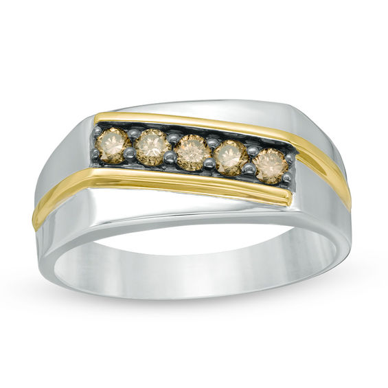 Men's 3/8 CT. T.w. Champagne Diamond Slant Ring in 10K Two-Tone Gold