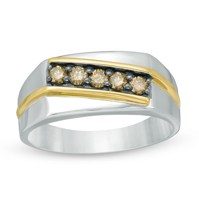 Main Image 1 of 3/8 CT. T.W. Champagne Diamond Slant Ring in 10K Two-Tone Gold